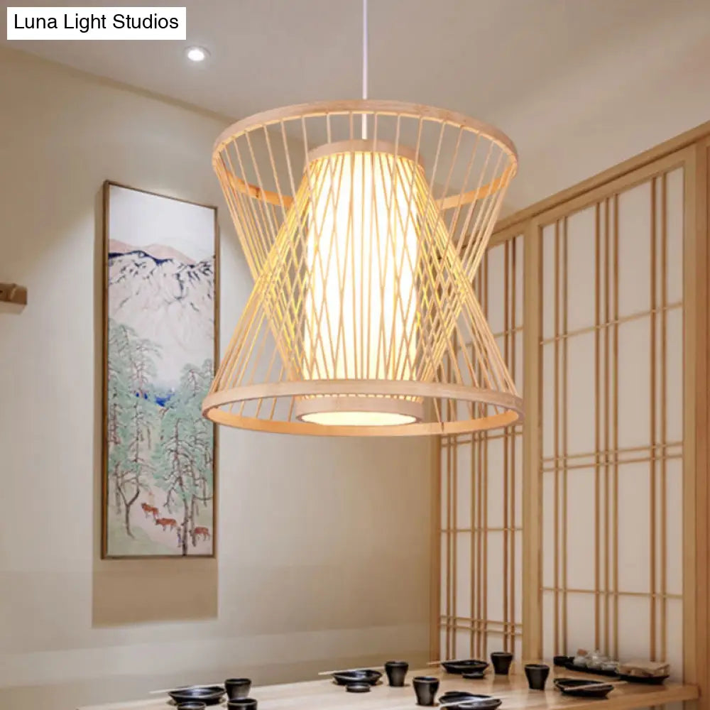 Contemporary Bamboo Cone Suspension Pendant Light Kit For Restaurants - 1 Bulb Wood Hanging Sizes: