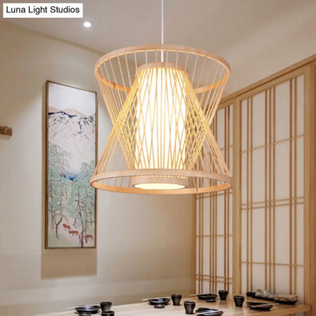 Contemporary Bamboo Cone Suspension Pendant Light Kit For Restaurants - 1 Bulb Wood Hanging Sizes: