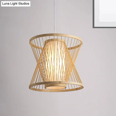 Contemporary Bamboo Cone Suspension Pendant Light Kit For Restaurants - 1 Bulb Wood Hanging Sizes: