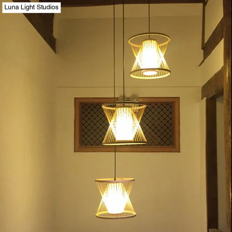 Contemporary Bamboo Cone Suspension Pendant Light Kit For Restaurants - 1 Bulb Wood Hanging Sizes: