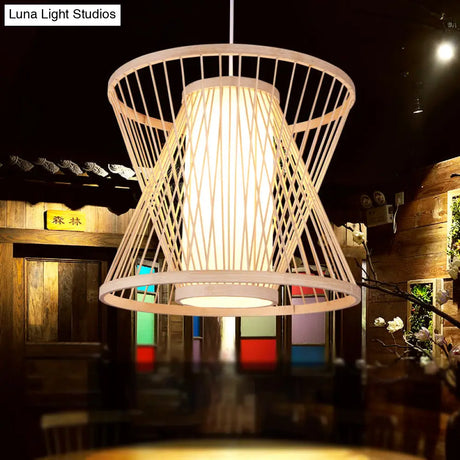 Contemporary Bamboo Cone Suspension Pendant Light Kit For Restaurants - 1 Bulb Wood Hanging Sizes:
