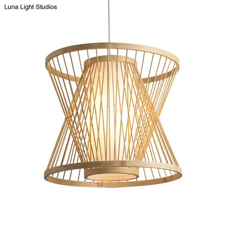 Contemporary Bamboo Cone Suspension Pendant Light Kit For Restaurants - 1 Bulb Wood Hanging Sizes: