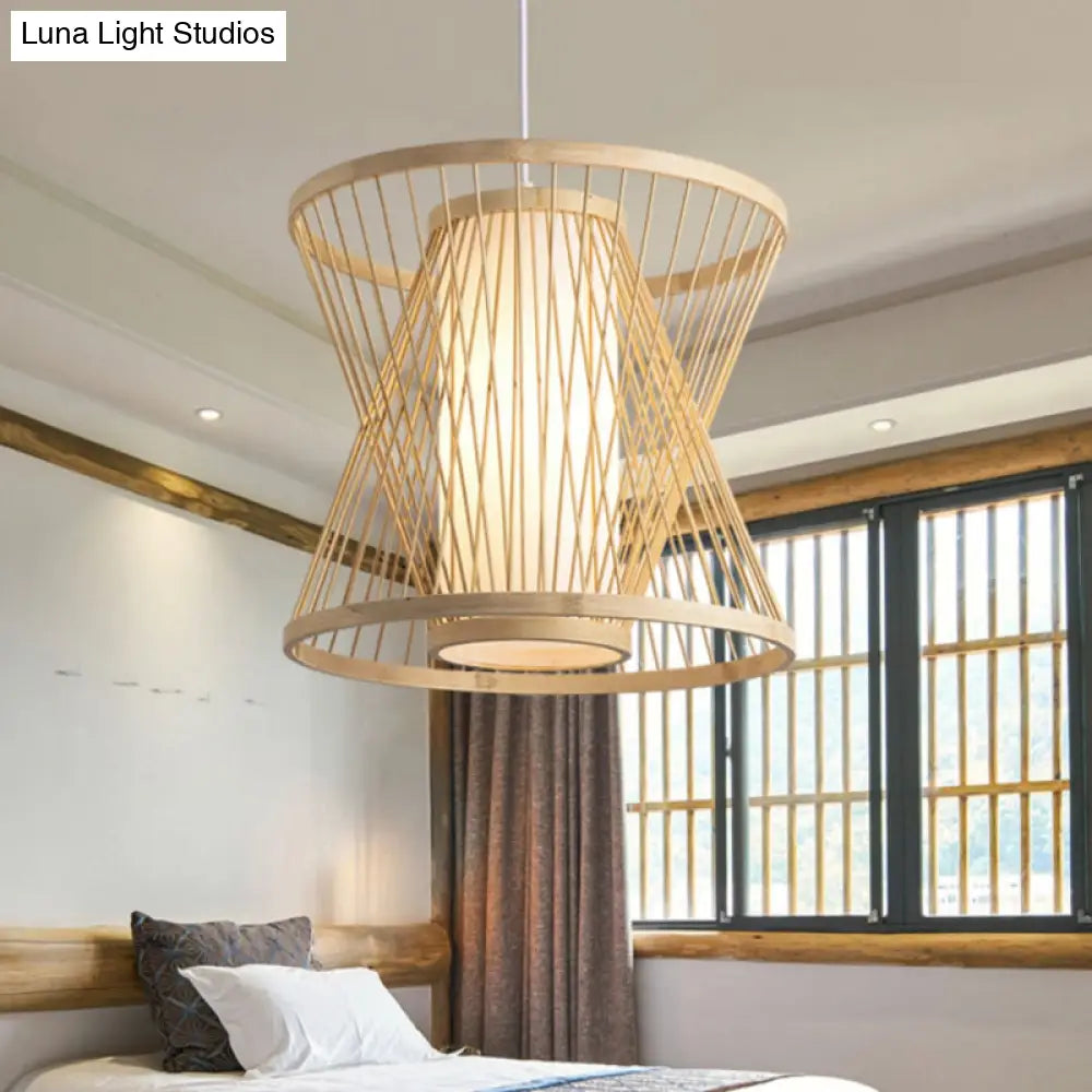 Contemporary Bamboo Cone Suspension Pendant Light Kit For Restaurants - 1 Bulb Wood Hanging Sizes: