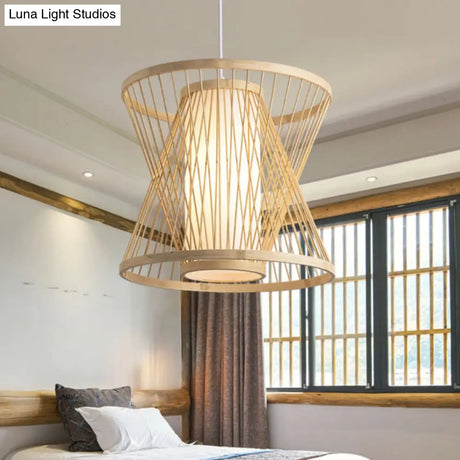 Contemporary Bamboo Cone Suspension Pendant Light Kit For Restaurants - 1 Bulb Wood Hanging Sizes: