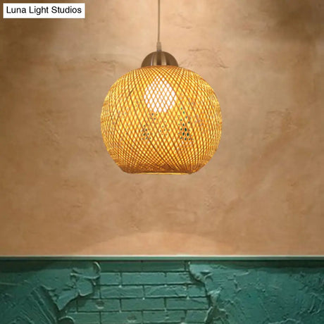 Contemporary Bamboo Globe Pendant Light Kit - Wood Hanging 12/14 Wide