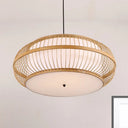 Contemporary Bamboo Pendant Light Kit - Rounded Drum Suspension 1 Bulb - Wood Hanging Light 18’’/21.5’’/23.5’’ Wide