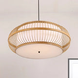 Contemporary Bamboo Pendant Light Kit - Rounded Drum Suspension 1 Bulb - Wood Hanging Light 18’’/21.5’’/23.5’’ Wide