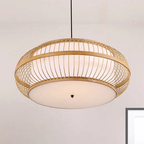 Contemporary Bamboo Pendant Light Kit - Rounded Drum Suspension 1 Bulb - Wood Hanging Light 18’’/21.5’’/23.5’’ Wide