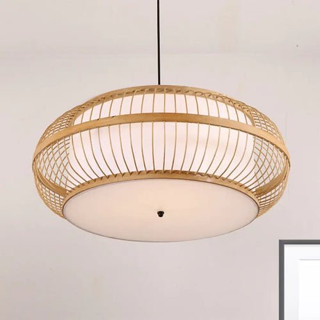 Contemporary Bamboo Pendant Light Kit - Rounded Drum Suspension 1 Bulb - Wood Hanging Light 18’’/21.5’’/23.5’’ Wide