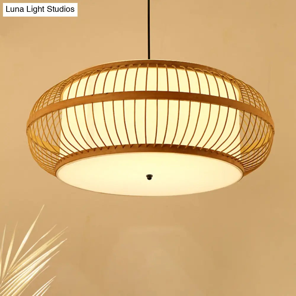Contemporary Bamboo Pendant Light Kit - Rounded Drum Suspension 1 Bulb - Wood Hanging Light 18’’/21.5’’/23.5’’ Wide