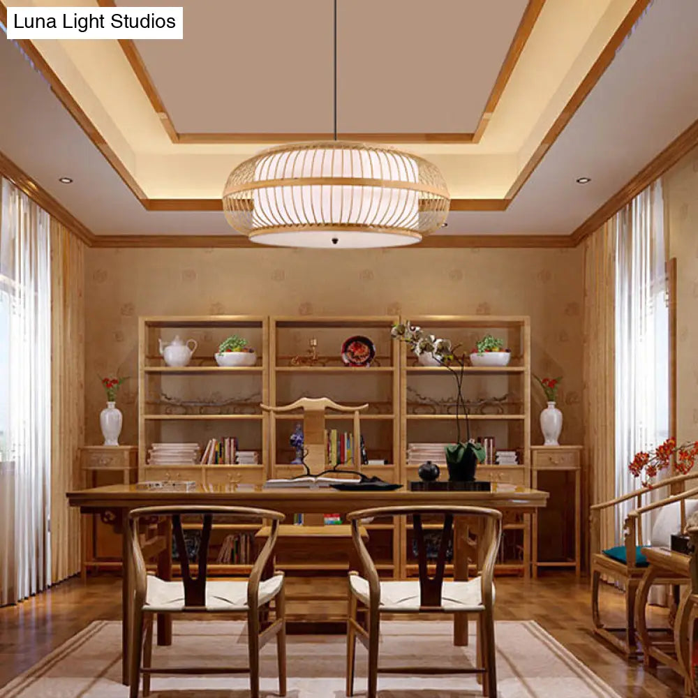 Contemporary Bamboo Pendant Light Kit - Rounded Drum Suspension 1 Bulb - Wood Hanging Light 18’’/21.5’’/23.5’’ Wide