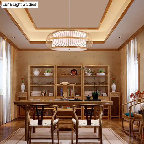 Contemporary Bamboo Pendant Light Kit - Rounded Drum Suspension 1 Bulb - Wood Hanging Light 18’’/21.5’’/23.5’’ Wide