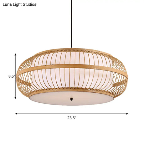 Contemporary Bamboo Pendant Light Kit - Rounded Drum Suspension 1 Bulb - Wood Hanging Light 18’’/21.5’’/23.5’’ Wide