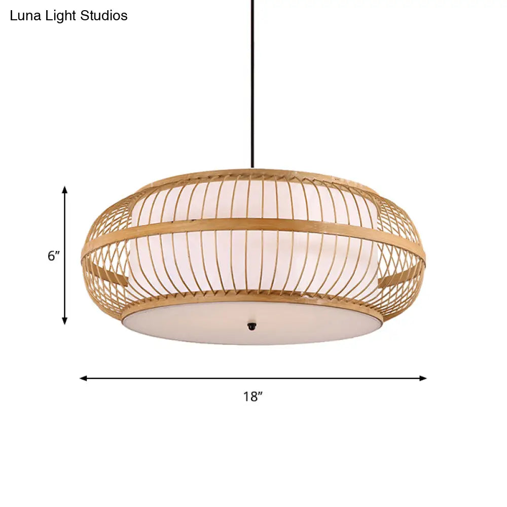 Contemporary Bamboo Pendant Light Kit - Rounded Drum Suspension 1 Bulb - Wood Hanging Light 18’’/21.5’’/23.5’’ Wide