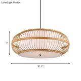 Contemporary Bamboo Pendant Light Kit - Rounded Drum Suspension 1 Bulb - Wood Hanging Light 18’’/21.5’’/23.5’’ Wide