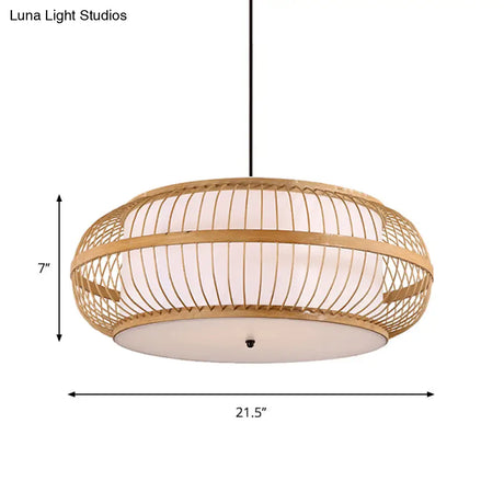 Contemporary Bamboo Pendant Light Kit - Rounded Drum Suspension 1 Bulb - Wood Hanging Light 18’’/21.5’’/23.5’’ Wide