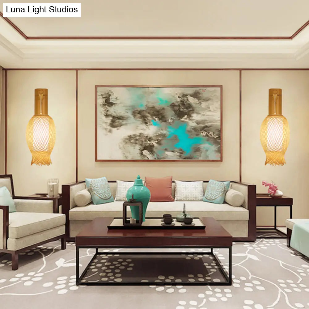 Contemporary Bamboo Wall Sconce Light With Inner White Cylinder Shade