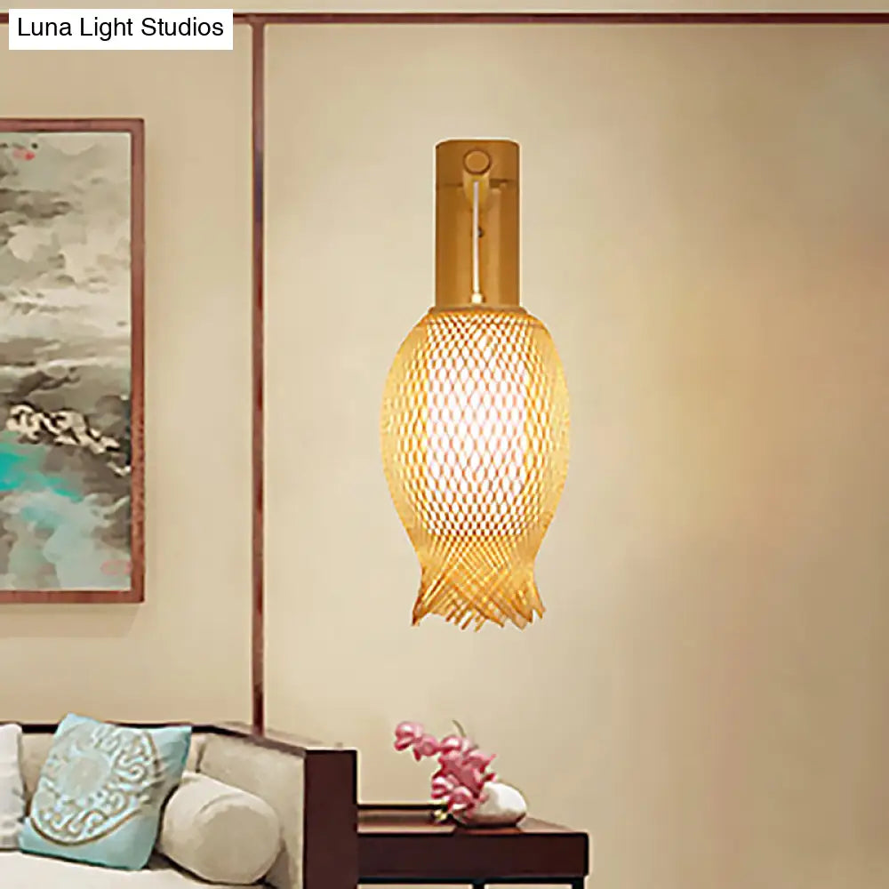 Contemporary Bamboo Wall Sconce Light With Inner White Cylinder Shade