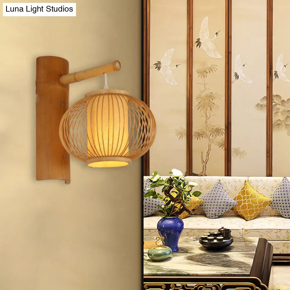 Contemporary Bamboo Wood Pumpkin Wall Lamp With Inner Cylinder Parchment Shade - 1 Bulb Sconce Light