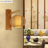Contemporary Bamboo Wood Pumpkin Wall Lamp With Inner Cylinder Parchment Shade - 1 Bulb Sconce Light