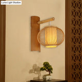 Contemporary Bamboo Wood Pumpkin Wall Lamp With Inner Cylinder Parchment Shade - 1 Bulb Sconce Light