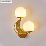 Contemporary Bedroom Sconce Light: 2 Bulbs Black/Gold Wall Lamp With Milky Glass Ball Shades