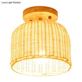 Contemporary Beige Bowl/Cylindrical Bamboo Ceiling Mount Light Fixture - 1 Head Semi-Mount Lighting