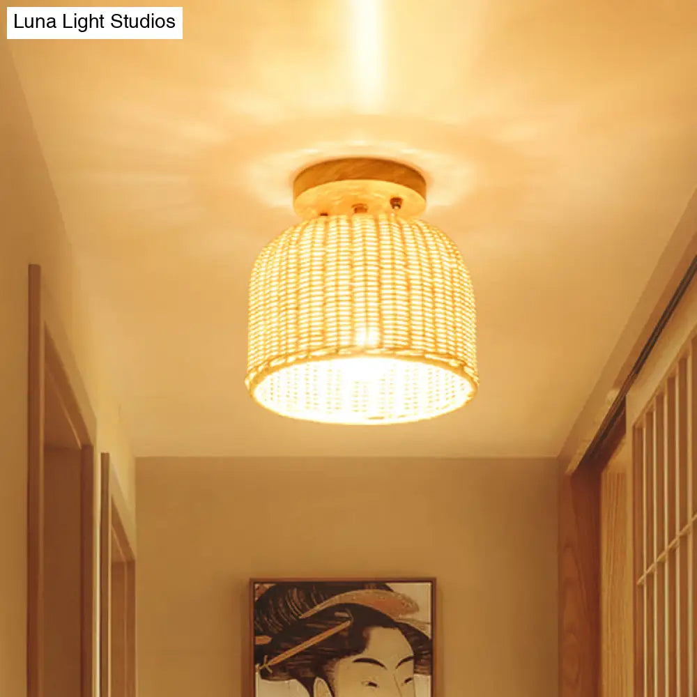 Contemporary Beige Bowl/Cylindrical Bamboo Ceiling Mount Light Fixture - 1 Head Semi-Mount Lighting