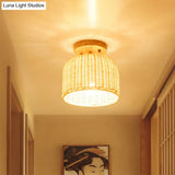 Contemporary Beige Bowl/Cylindrical Bamboo Ceiling Mount Light Fixture - 1 Head Semi-Mount Lighting
