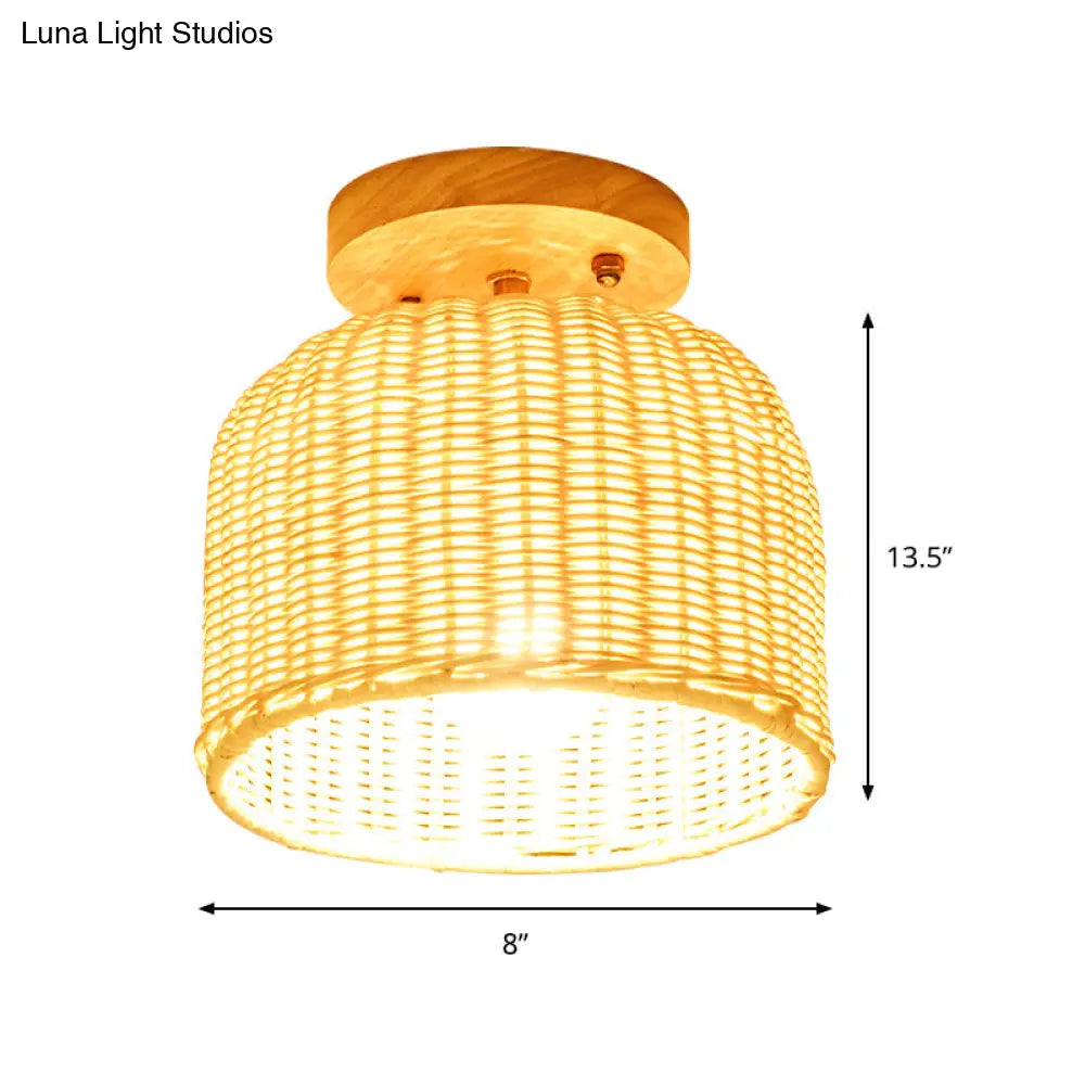 Contemporary Beige Bowl/Cylindrical Bamboo Ceiling Mount Light Fixture - 1 Head Semi-Mount Lighting