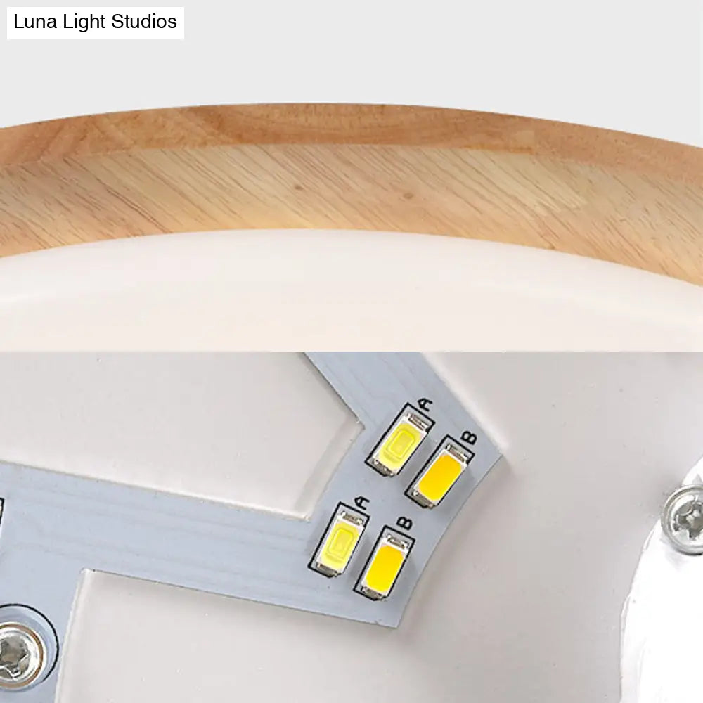 Contemporary Beige Led Flush Mount Lamp With Wood Canopy - 12’/15’ Wide Sphere Design