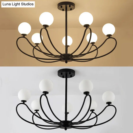 Contemporary Black Curved Arm Chandelier With Orbit Shade - 8 Light Metal Pendant