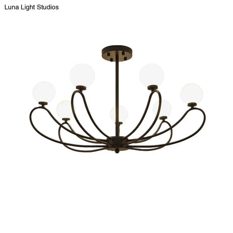 Contemporary Black Curved Arm Chandelier With Orbit Shade - 8 Light Metal Pendant