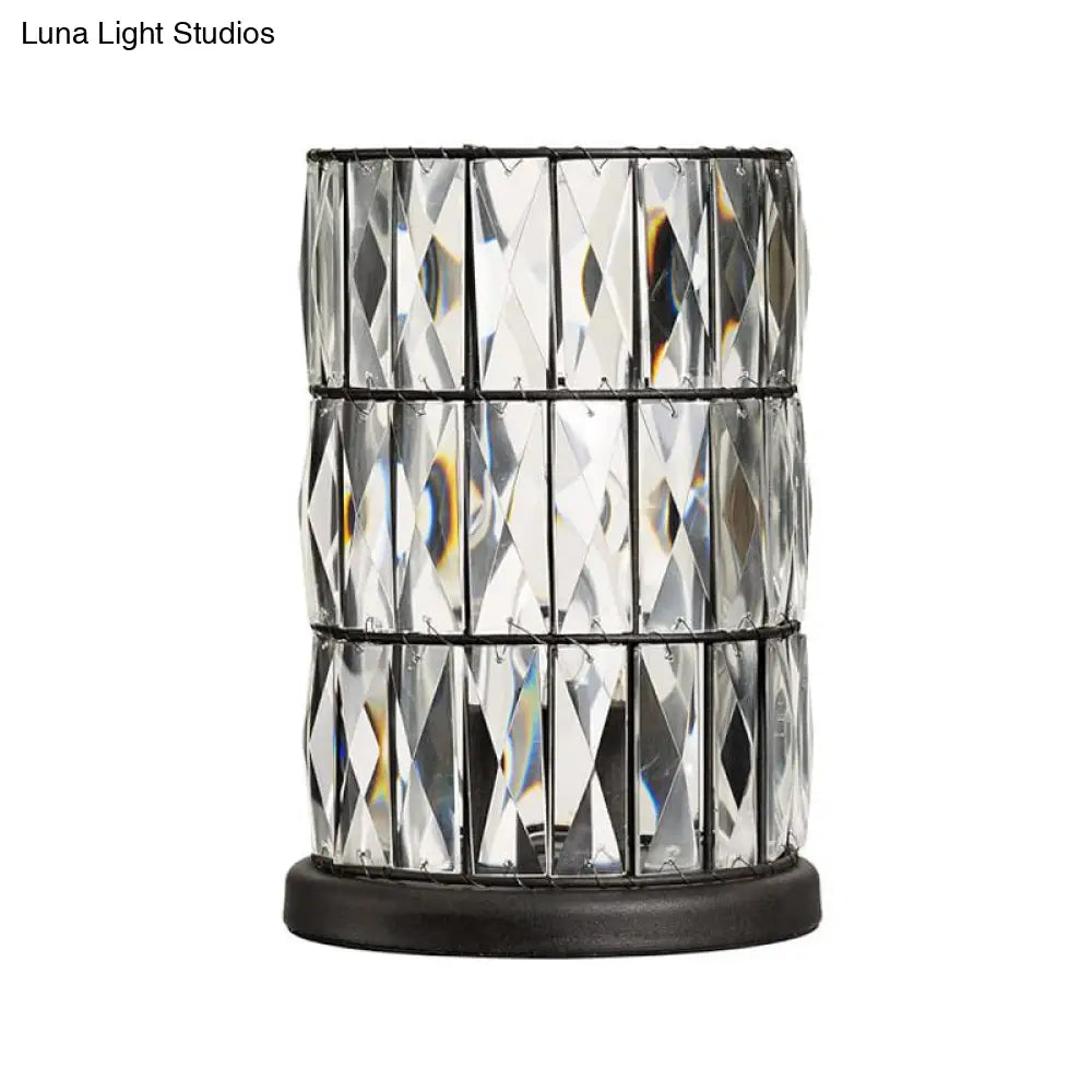 Contemporary Black Cylinder Night Lamp With Clear Crystal 1 Light For Living Room Nightstand