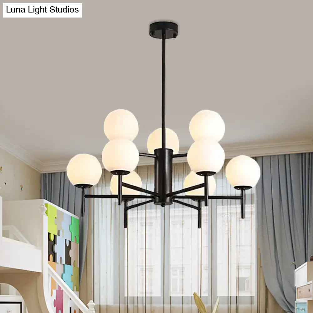 Contemporary Black/Gold Globe Chandelier with Radial Design - 6/8/9 Lights Milk Glass Hanging Lamp