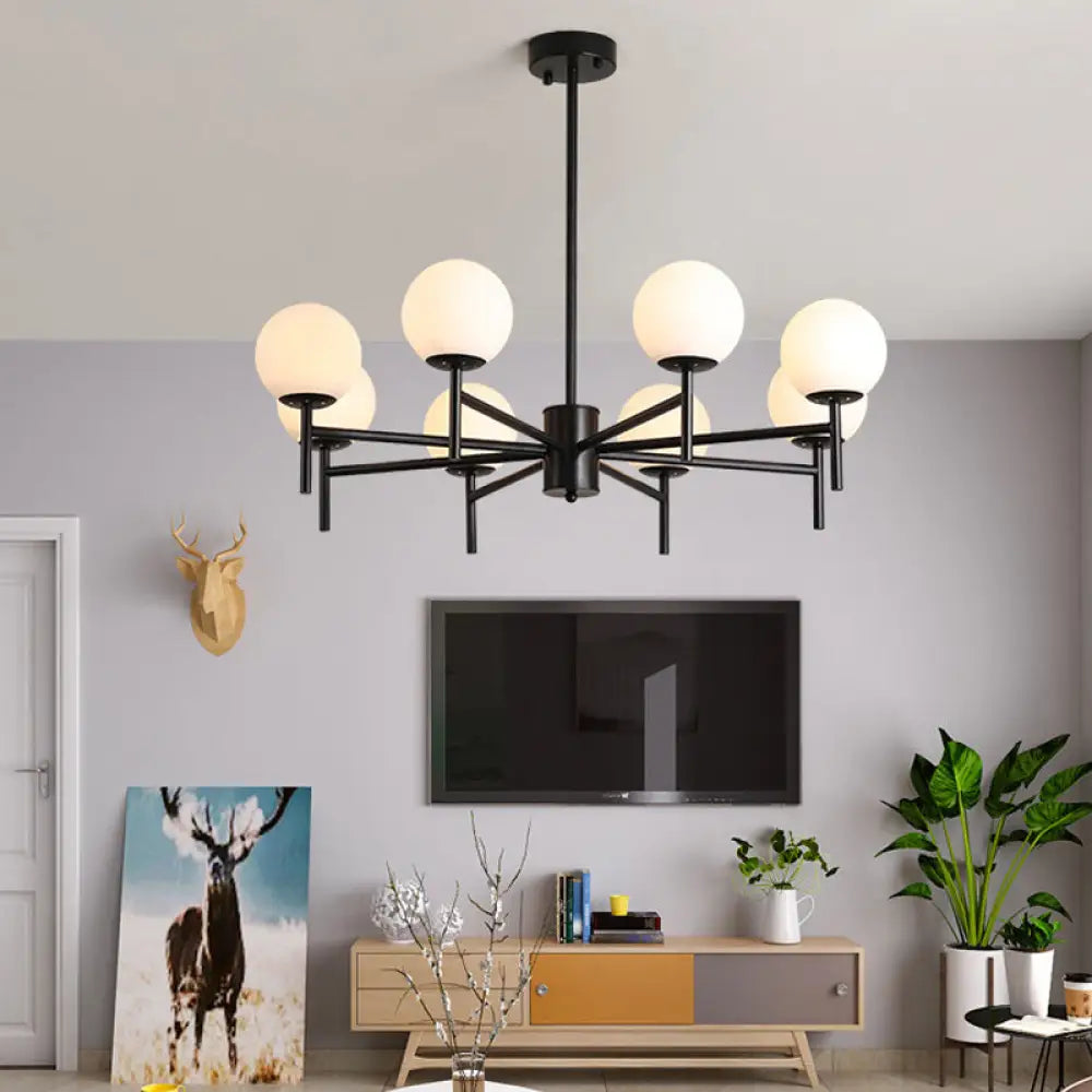 Contemporary Black/Gold Globe Chandelier with Radial Design - 6/8/9 Lights Milk Glass Hanging Lamp 8 / Black