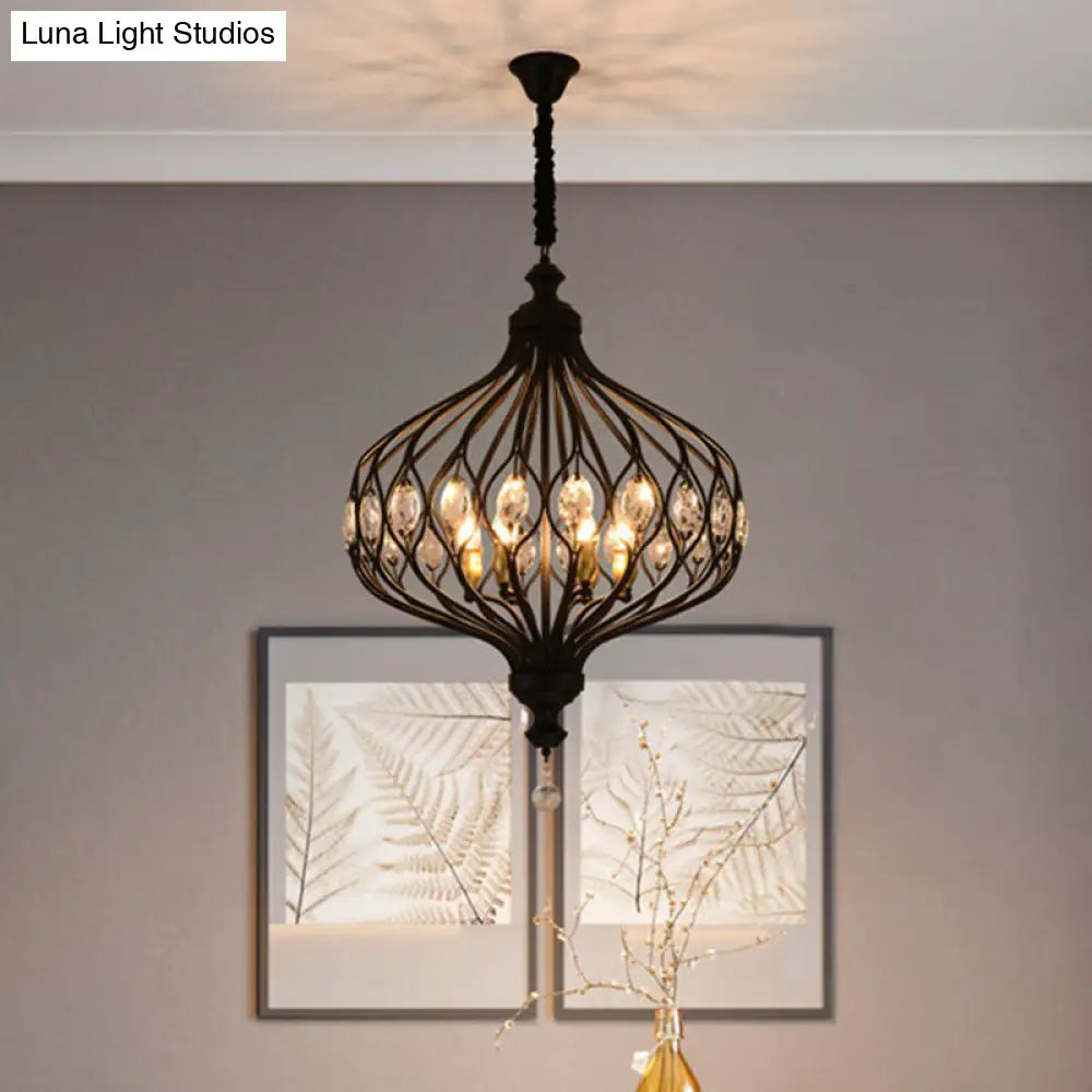 Contemporary Black/Gold Lantern Chandelier With Crystal Encrusted Hanging Lamp Kit - 4/6 Lights