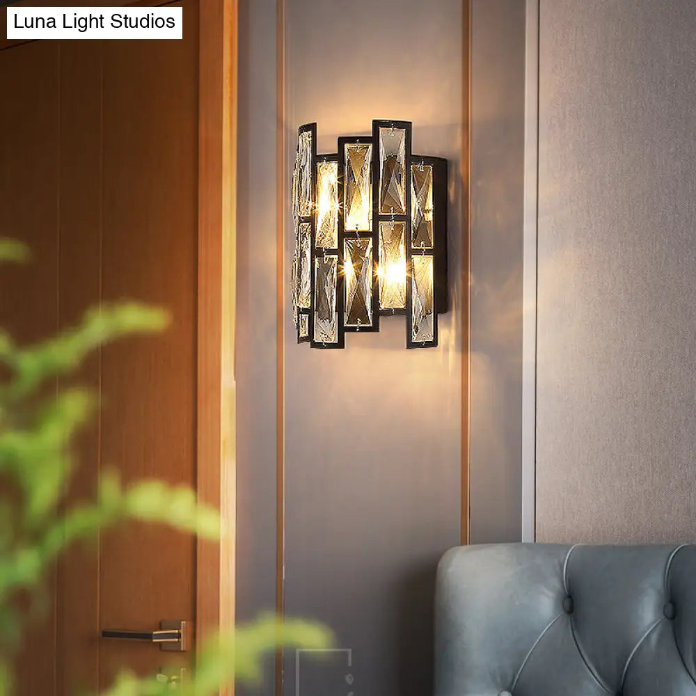 Contemporary Black Half Cylinder Wall Lamp With Clear Crystal Blocks - 2 Lights Mount