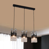 Contemporary Black Metal 3-Head Suspension Light With Crystal Draping For Dining Room / Linear