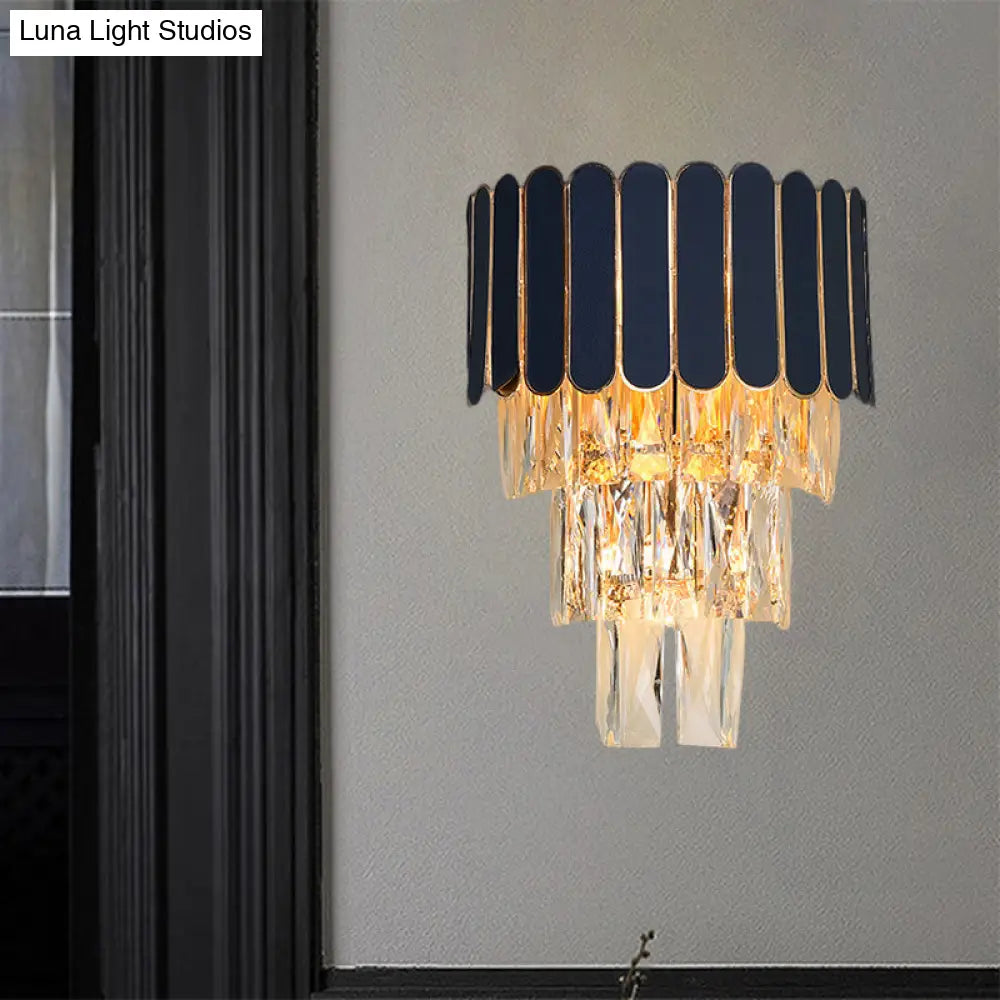 Contemporary Black Tiered Crystal Wall Sconce With 3 Heads - Stylish Living Room Lighting Idea