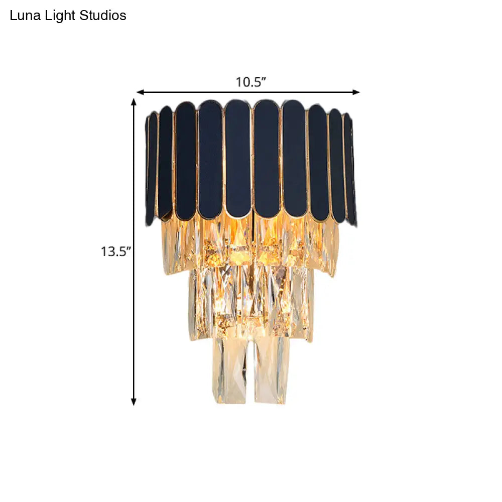 Contemporary Black Tiered Crystal Wall Sconce With 3 Heads - Stylish Living Room Lighting Idea