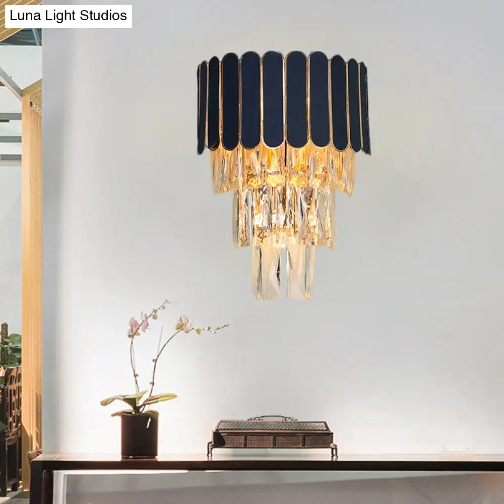 Contemporary Black Tiered Crystal Wall Sconce With 3 Heads - Stylish Living Room Lighting Idea