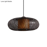 Contemporary Black/Wood Cross Woven Pendant Light With Drum Shade - 1 Head Bamboo Hanging Lamp