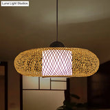 Contemporary Black/Wood Cross Woven Pendant Light With Drum Shade - 1 Head Bamboo Hanging Lamp