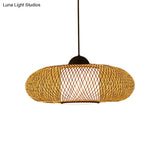 Contemporary Black/Wood Cross Woven Pendant Light With Drum Shade - 1 Head Bamboo Hanging Lamp