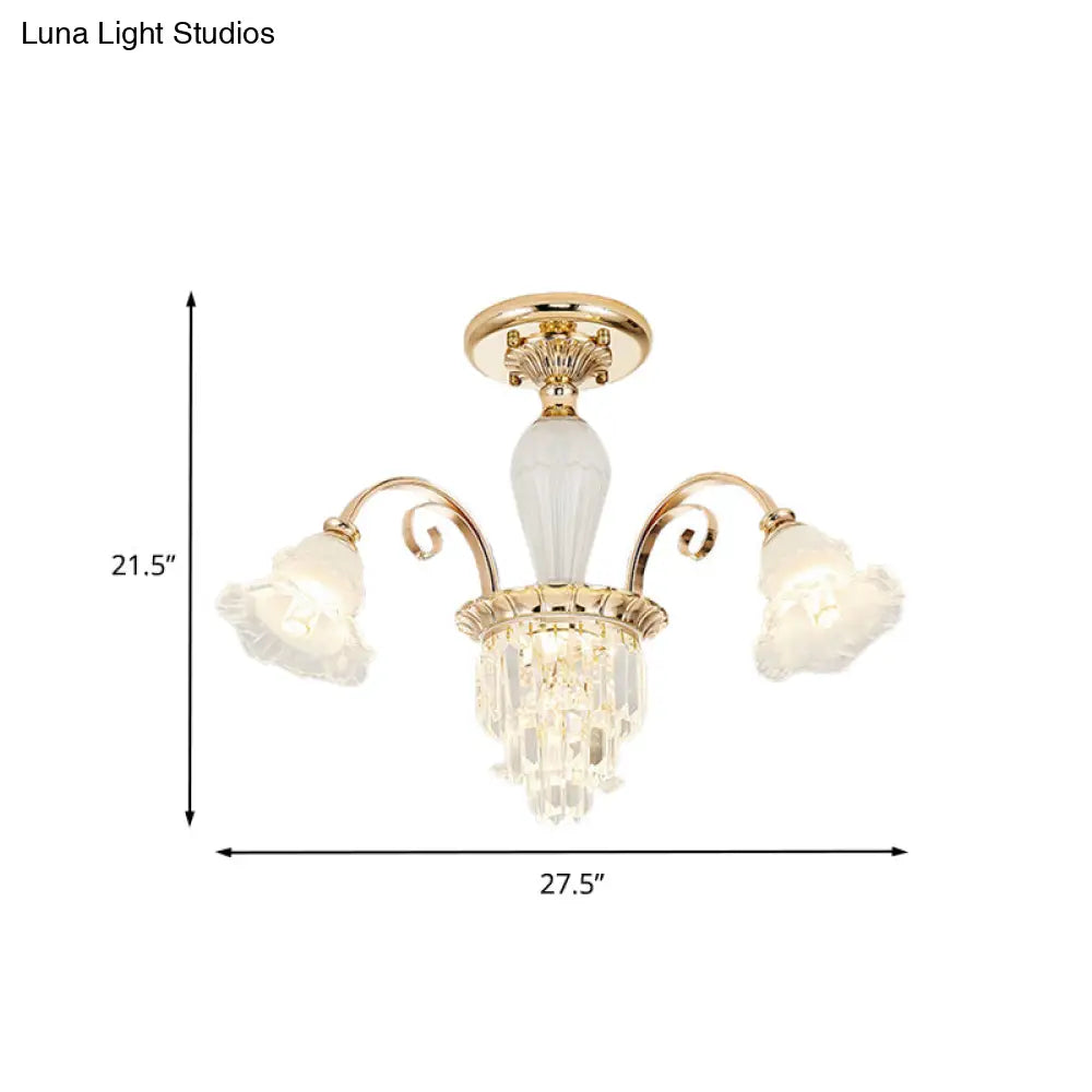 Contemporary Bloom Semi Flush Gold Light With Opal Glass & Crystal Accents