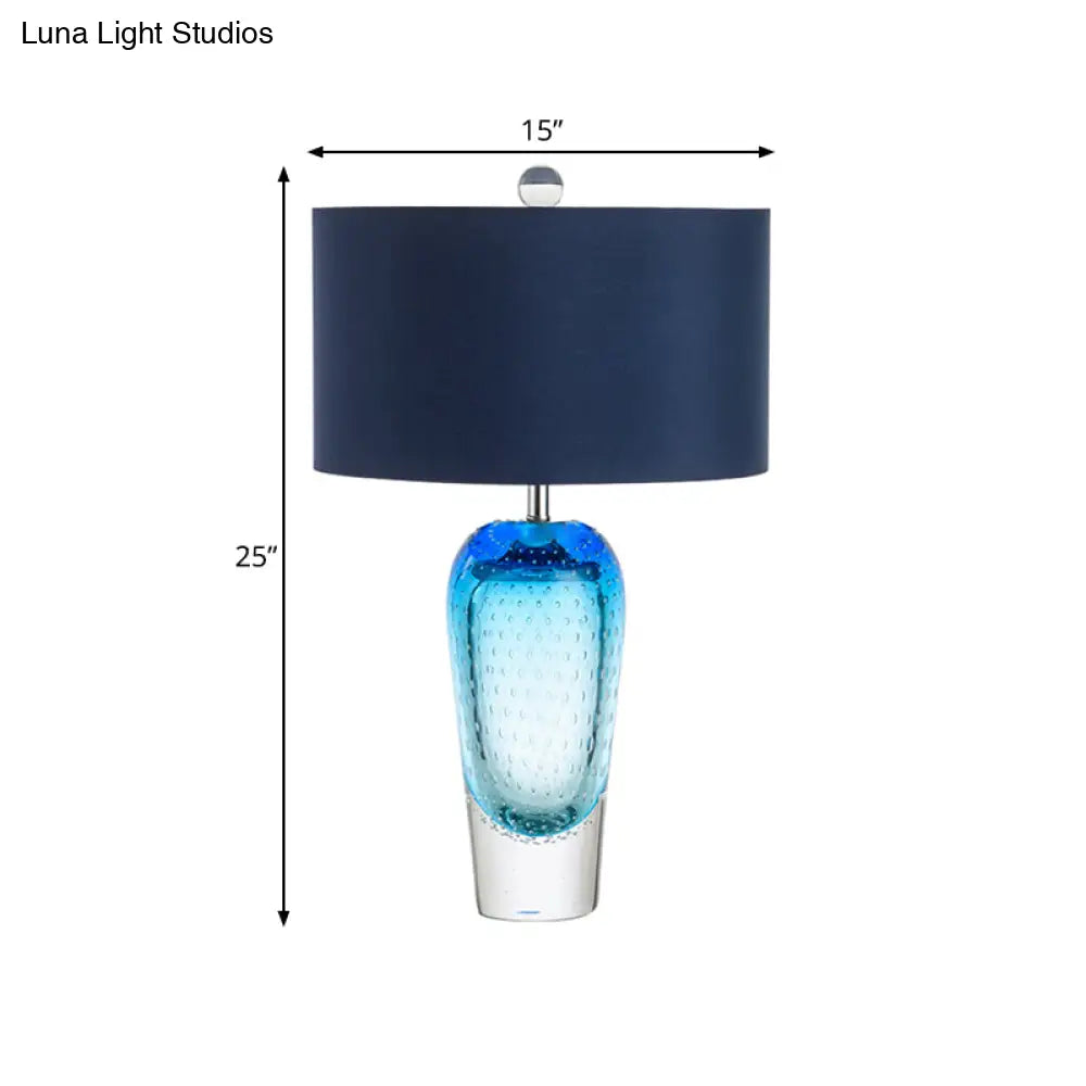 Contemporary Blue Bubble Glass Urn Night Table Lamp With Fabric Shade