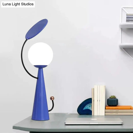 Contemporary Blue Finish Conical Night Table Light With White Glass Shade And Mirror Deco - 1 Bulb