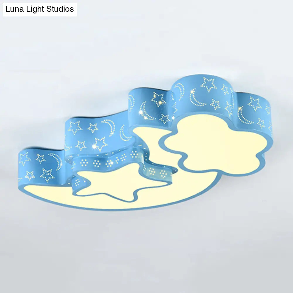 Contemporary Blue Moon Star Ceiling Light - Metal Flush Mount For Child Bedroom