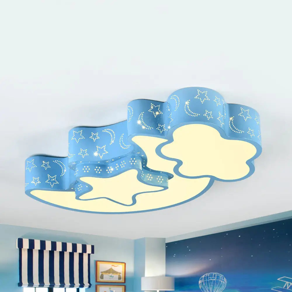 Contemporary Blue Moon Star Ceiling Light - Metal Flush Mount For Child Bedroom / White